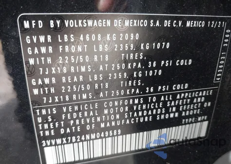 2022 Volkswagen Taos 1.5T Se из США, поврежденный, VIN 3VVWX7B24NM049589